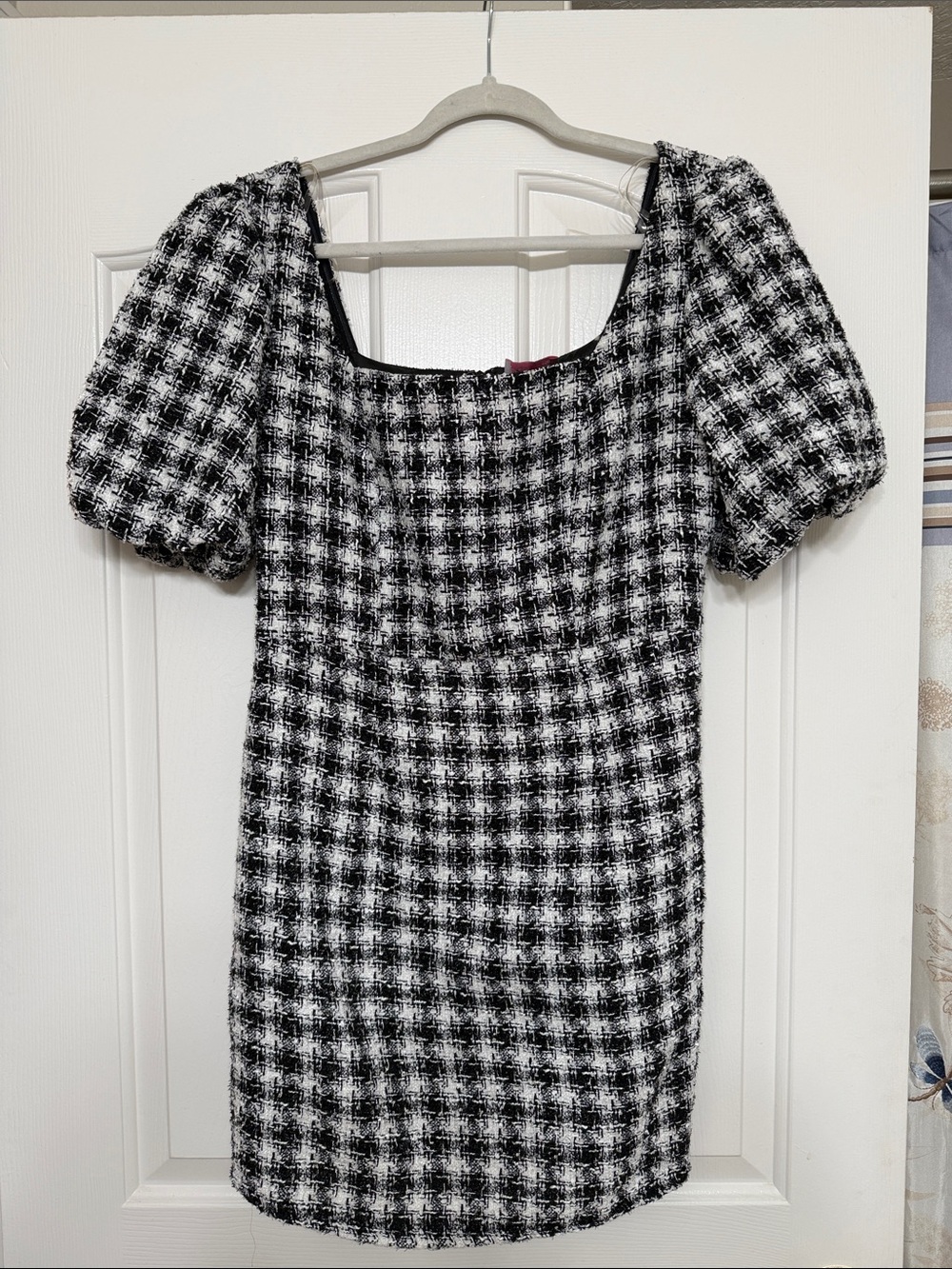 Pink Lily Black and White Tweed Puff Sleeve Mini Dress